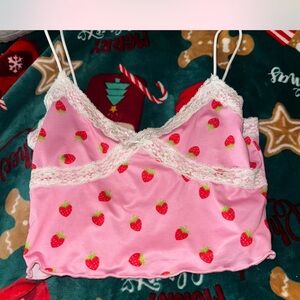 Pink Strawberry Print Lace Trim Camisole